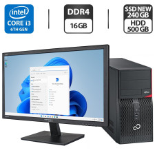Комплект ПК: Fujitsu P556 E85+ Tower / Intel Core i3-6100 (2 (4) ядра по 3.7 GHz) / 16 GB DDR4 NEW / 240 GB SSD NEW + 500 GB HDD / Intel HD Graphics 530 + Монітор Б-клас 24" (1920x1080) TN / DVI / Різні бренди б/в