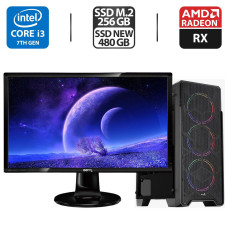 Комплект ПК ігровий: Intel Core i3-7100 (2(4) ядра по 3.9GHz) / 16GB DDR4 / 256GB SSD M.2 + 480GB SSD NEW / AMD Radeon RX 570 + Монітор BenQ 24" б/в