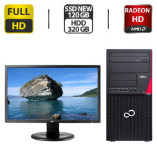 Комплект ПК: Fujitsu Esprimo P720 E90+ Tower / Intel Core i3-4160 (2 (4) ядра по 3.6 GHz) / 8 GB DDR3 / 120 GB SSD NEW + 320 GB HDD / AMD Radeon HD 7570, 1 GB GDDR3, 128-bit + Монітор Б-клас 24" (1920x1080) IPS б/в