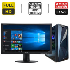 Комплект ПК: 1stPlayer Tower NEW / Intel Core i7-2600K (4 (8) ядра по 3.4 - 3.8 GHz) / 32 GB DDR3 / 480 GB NEW + 1000 GB HDD / AMD Radeon RX 570, 8 GB GDDR5, 256-bit + Монітор 24" (1920x1080) TN / VGA, DVI, HDMI б/в