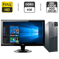 Комплект ПК: Lenovo ThinkCentre M91 SFF / Intel Core i5-3470 (4 ядра по 3.2-3.6 GHz) / 8GB DDR3 / 120GB SSD + 500GB HDD / Intel HD Graphics 2000 + Монітор Б-класс AOC 2236Vwa / 22" TN / VGA / DVI + Кабелі підключення б/в