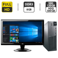 Комплект ПК: Lenovo ThinkCentre M91 SFF / Intel Core i5-3470 (4 ядра по 3.2-3.6 GHz) / 8GB DDR3 / 120GB SSD + 500GB HDD / Intel HD Graphics 2000 + Монітор Б-класс AOC 2236Vwa / 22" TN / VGA / DVI + Кабелі підключення б/в
