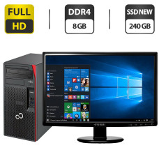 Комплект ПК: Fujitsu Esprimo P557 E85+ Tower / Intel Core i3-6100 (2 (4) ядра по 3.7 GHz) / 8 GB DDR4 / 240 GB SSD NEW / Intel HD Graphics 530 + Монітор Б-клас 24" (1920x1080) TN / VGA, DVI / Різні бренди б/в