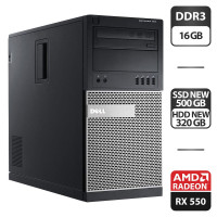 Комп'ютер Dell OptiPlex 9020 Tower / Intel Core i5-4590 (4 (8) ядра по 3.3 - 3.7 GHz) / 16 GB DDR3 / 500 GB SSD NEW + 320 GB HDD NEW / AMD Radeon RX 550, 4 GB GDDR5, 128-bit / DVD-ROM / DVI б/в