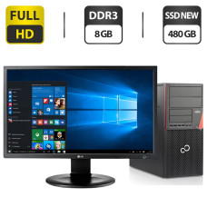 Комплект ПК: Fujitsu Esprimo P720 E90+ Tower / Core i5-4590 (4 ядра по 3.3-3.7GHz) / 8GB DDR3 / 480GB SSD NEW / AMD Radeon HD 7350, 1 GB GDDR3, 64-bit + Монитор 24" IPS / VGA / DVI б/в