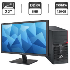 Комплект ПК: Fujitsu Esprimo P556 E85+ Tower / Intel Core i3-6100 (2 (4) ядра по 3.7 GHz) / 8 GB DDR4 / 120 GB SSD NEW / Intel HD Graphics 530 + Монітор Б-клас 22" (1680x1050) TN / VGA, DVI / Різні бренди б/в