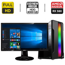 Комплект ПК: Intel Core i3-7100 (2(4) ядра по 3.9GHz) / 16GB DDR4 / 480GB SSD NEW + 4000GB HDD / AMD Radeon RX 580, 4GB NEW + Монитор BenQ 24" TN б/в