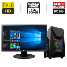 Комплект ПК: Gamdias Tower / Intel Core i5-8400 (6 ядра по 2.8-4 GHz) / 16GB DDR4 / 480 GB SSD + 500GB SSD / Radeon RX 580, 8GB GDDR5, 256-bit + Монітор 24" IPS + Wi-Fi адаптер, мишка, кабелі б/в