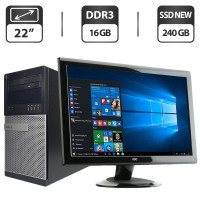Комплект ПК: Dell OptiPlex 9020 Tower / Intel Core i5-4570 (4 ядра по 3.2 - 3.6 GHz) / 16 GB DDR3 / 240 GB SSD NEW / Intel HD Graphics 4600 + Монітор Б-клас 22" (1680x10 DVI / Різні бренди б/в