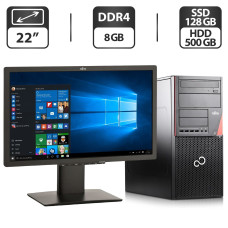 Комплект ПК: комп'ютер Fujitsu Esprimo P756 E90+ Tower / Intel Core i3-6100 (2 (4) ядра по 3.7 GHz) / 8 GB DDR4 / 128 GB SSD + 500 GB HDD / Intel HD Graphics 530 + Монітор Б-клас 22" (1680x1050) TN б/в