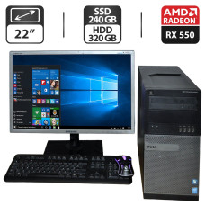 Комплект: Dell OptiPlex 9020 Tower / Intel Core i5-4570 (4 ядра по 3.2 - 3.6 GHz) / 16 GB DDR3 / 240 GB SSD NEW + 320 GB HDD NEW / AMD Radeon RX 550, 4 GB GDDR5 Монітор Б-клас 22" (1680x1050) TN / Різні бренди б/в