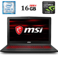 Ігровий ноутбук MSI GV62 8RD / 15.6" (1920x1080) TN / Intel Core i5-8300H (4 (8) ядра по 2.3 - 4.0 GHz) / 16 GB DDR4 / 480 GB SSD / nVidia GeForce GTX 1050 Ti, 4 GB GDDR5, 128-bit / WebCam / HDMI / miniDP б/в