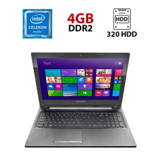 Ноутбук Б-клас Lenovo G50-45 / 15.6" (1366x768) TN / Intel Celeron N2830 (2 ядра по 2.16 - 2.41 GHz) / 4 GB DDR2 / 320 GB HDD / Intel HD Graphics Atom Z3700 / WebCam / Батарея не тримає б/в