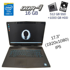 Ігровий ноутбук Б-клас Dell Alienware M17 / 17.3" (1920x1080) IPS / Intel Core i7-8750H (6 (12) ядер по 2.2 - 4.1 GHz) / 16 GB DDR4 / 512 GB SSD+1000 GB HDD / nVidia GeForce RTX 2070 Max-Q, 8 GB GDDR6, 256-bit / WebCam б/в