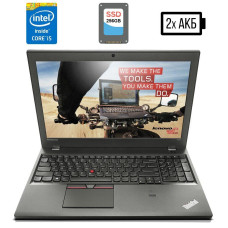 Ноутбук Lenovo ThinkPad T550 / 15.6" (1920x1080) TN / Intel Core i5-5300U (2 (4) ядра по 2.3 - 2.9 GHz) / 8 GB DDR3 / 256 GB SSD / Intel HD Graphics 5500 / WebCam / miniDP / Дві батареї б/в