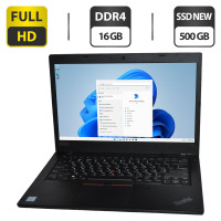 Ультрабук Б-клас Lenovo ThinkPad L480 / 14" (1920x1080) IPS / Intel Core i7-8550U (4 (8) ядра по 1.8 - 4.0 GHz) / 16 GB DDR4 / 500 GB SSD NEW / Intel UHD Graphics 620 / WebCam / HDMI / Windows 11 Pro б/в